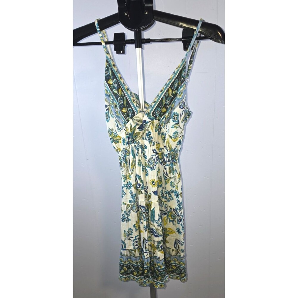 Angie Blue White Backless Dress Sundress Size Medium Rayon Flowy Pretty